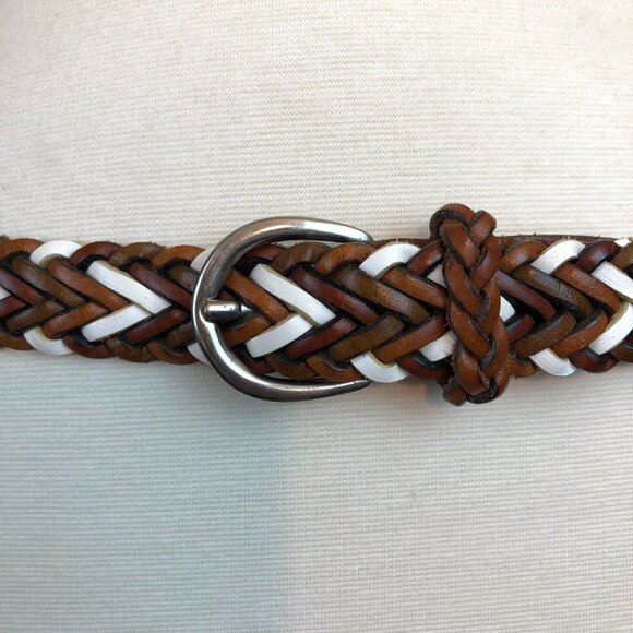 Vintage 1980's Copper Key Braided Leather Belt Size M/28 Tan Brown White Boho - Picture 3 of 14